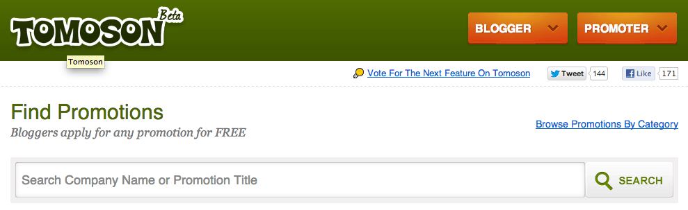 Tomoson homepage screenshot. Text states: Find Promotions. Bloggers apply for any promotion for Free. 