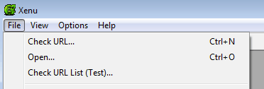 Xenu screenshot. Four menu options across the top. File is selected. 
