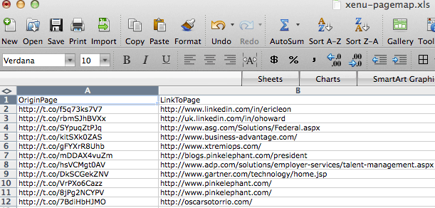 A screenshot of an X L S file with two columns labeled: Origin Page and Link to Page. Both are followed by U R L's. 