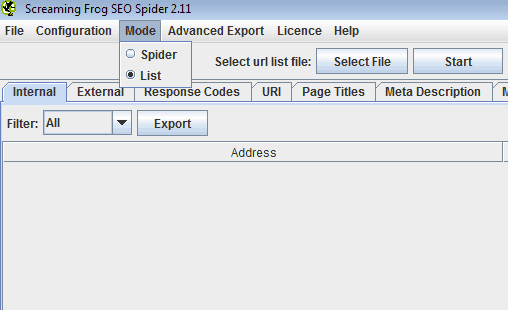 A Screaming Frog screenshot. At the top is a row of 6 tabs. Mode is selected and then List from the Mode dropdown menu. Beneath the tabs text states: Select U R L list file. Next to it is a Select File button and a Start button. 