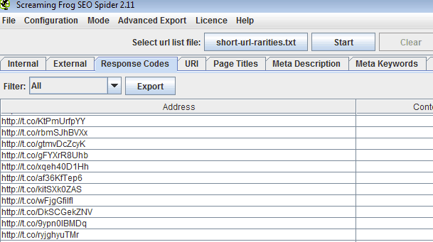 A Screaming Frog screenshot. At the top is a row of 6 tabs. Beneath is a row of 7 tabs. Response Codes is selected from the 7 tabs. A list of U R L's is displayed in a table format. At the top of the table, an Export button is selected. 