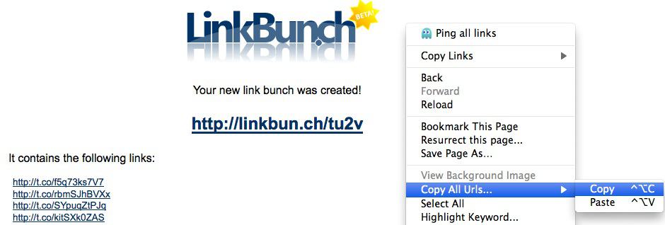 A LinkBun.ch screenshot. Text states: Your new link bunch was created. Beneath, a link is displayed. Text states: It contains the following links. Additional links are displayed. An open menu with Copy All U R L's selected. The Copy All U R L's menu is expanded and Copy is highlighted. 