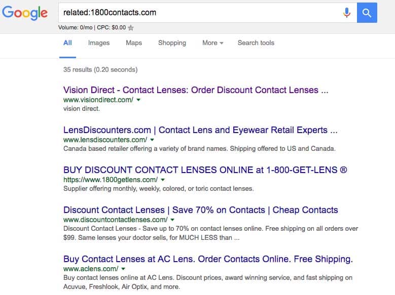 Google search screenshot for related: 1800contacts.com. 