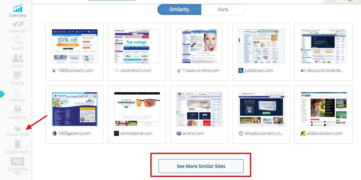 1800Contacts-similar-sites SimilarWeb screenshot. An arrow points to Similar sites option on the left panel menu. The main screen displays 10 websites. A button circled below is labeled See more Similar Sites.