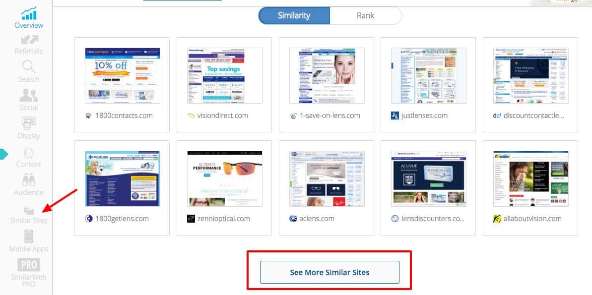 SimilarWeb screenshot. An arrow points to Similar sites option on the left panel menu. The main screen displays 10 websites. A button circled below is labeled See more Similar Sites. 