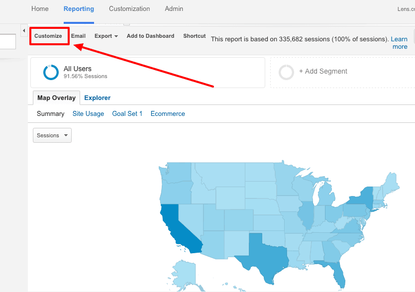 Customize-Report A Google Analytics screenshot. Reporting is selected from the top menu tabs. Five menu tabs are displayed under the top menu tabs. An arrow points to the first one labeled customize. At the center of the page labeled map overlay is a map of the United States.