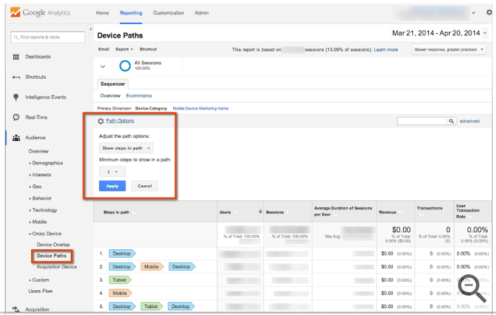 A Google Analytics screenshot. On the left panel menu under Audience, then under Cross device, Device Paths is selected. The center pane is titled Device Paths. Near the center of the screen a box titled Path Options is highlighted. Beneath text stating: "Adjust the path options" "Show steps in path" is selected. Beneath text stating "Minimum steps to show in a path," 1 is selected. 