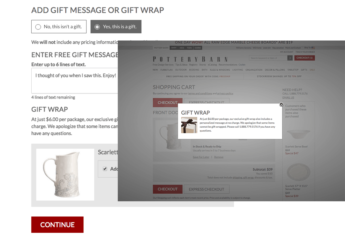 Gift_wrap A Pottery Barn Gift Wrap screenshot. At the top text states: Add gift message or gift wrap. Below are two options: No, this isn't a gift and Yes, this is a gift. A modal labeled Gift wrap describes the price and process.