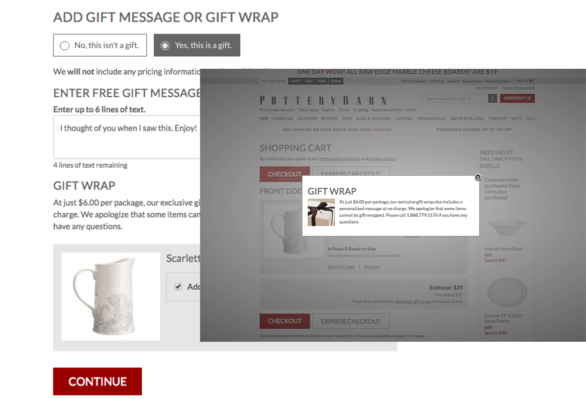 A Pottery Barn Gift Wrap screenshot. At the top text states: Add gift message or gift wrap. Below are two options: No, this isn't a gift and Yes, this is a gift. A modal labeled Gift wrap describes the price and process. 