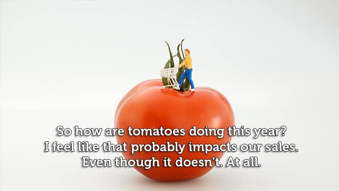 A photograph of a figurine pushing a shopping cart on top of a tomato. Text states: So how are tomatoes doing this year? I feel like that probably impacts our sales. Even though it doesn't. At all. 