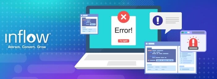 Laptop screen displaying an error message. Application windows surround the laptop showing website code. Logo: Inflow. Attract. Convert. Grow.