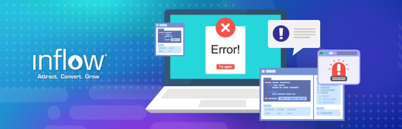 Laptop screen displaying an error message. Application windows surround the laptop showing website code. Logo: Inflow. Attract. Convert. Grow.