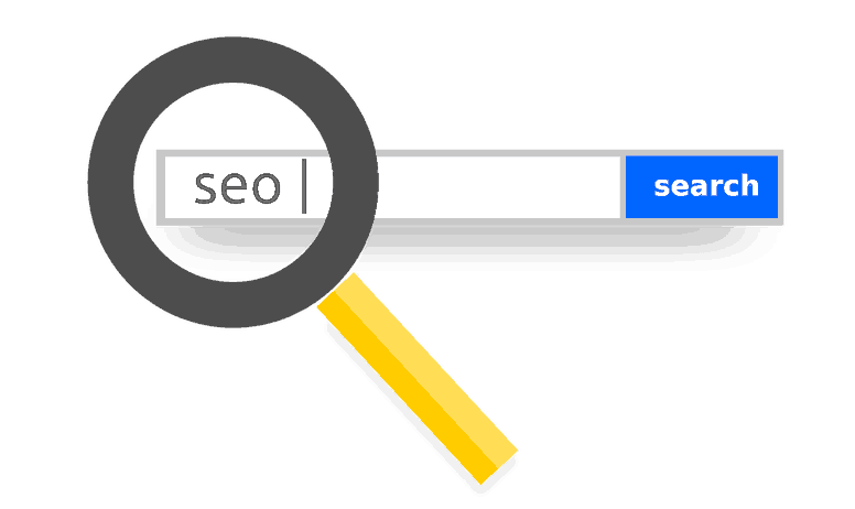 An illustration of a magnifying glass hovering over the text S E O in a search bar. 