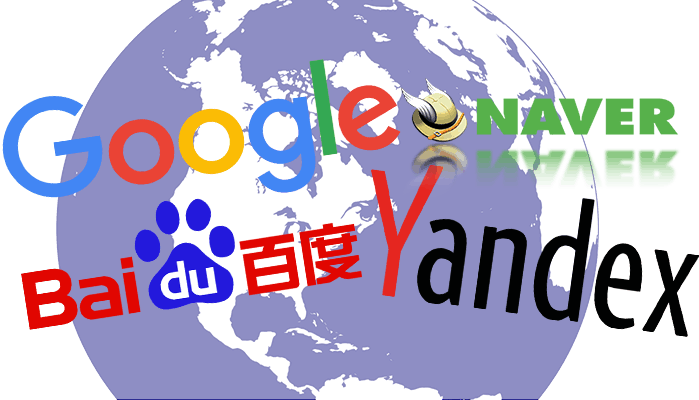 An illustration of a globe with the words Google, Naver, Baidu and Yandex over it. 