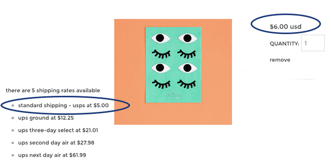 A checkout screenshot. A photograph of a sheet of stickers. Price is .00 usd. Text states: there are 5 shipping rates available. The least expensive shipping rate is: standard shipping - u s p s .00. 