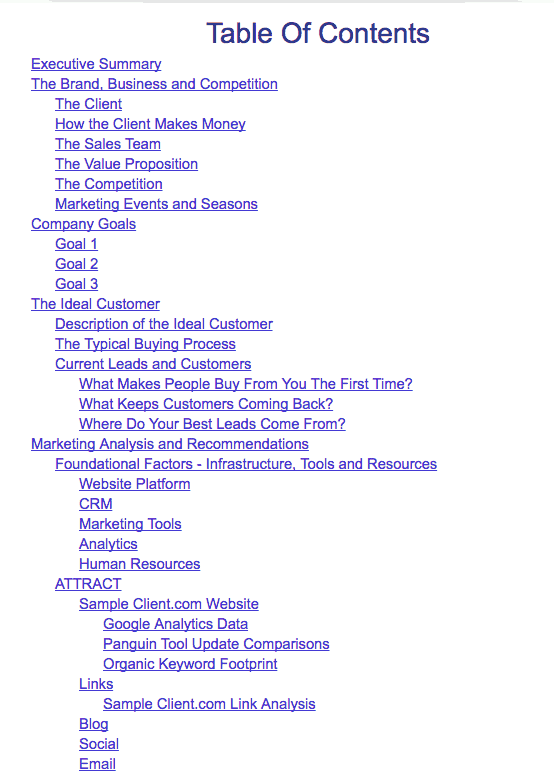 Table of contents: Executive Summary; The Brand, Business and Competition: The client, How the client makes money, The sales team, The value Proposition, The competition, Marketing events and Seasons; Company Goals: Goal 1, Goal 2, Goal 3; The Ideal Customer: Description of the Ideal Customer, The typical buying process, Current leads and customers: What makes people buy from you the first time? What keeps customers coming back? Where do your best leads come from?; Marketing Analysis and recommendations: Foundational Factors - Infrastructure, Tools and Resources: Website platform, C R M, Marketing Tools, Analytics, Human Resources; Attract: Sample client.com website: Google Analytics Data, Panguin Tool Update Comparisons, Organic Keyword Footprint; Links: Sample Client.com Link analysis; Blog, Social, Email.