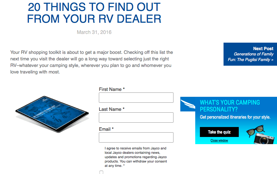 A screenshot with the title 20 things to find out from your R V dealer. A short text describes the guide followed by three text boxes labeled First Name, Last Name, Email. 