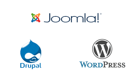 Three logos: Joomla, Drupal, WordPress. 