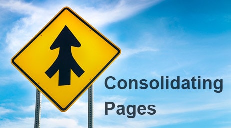 An illustration of a merge road sign. Text states: Consolidating pages. 