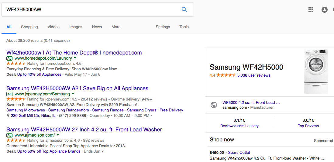 Google search result for W F 42 H 5000 A W. Top three search ads are homedepot.com, jcpenney.com, and  ajmadison.com. All three list the model number in the search title. 