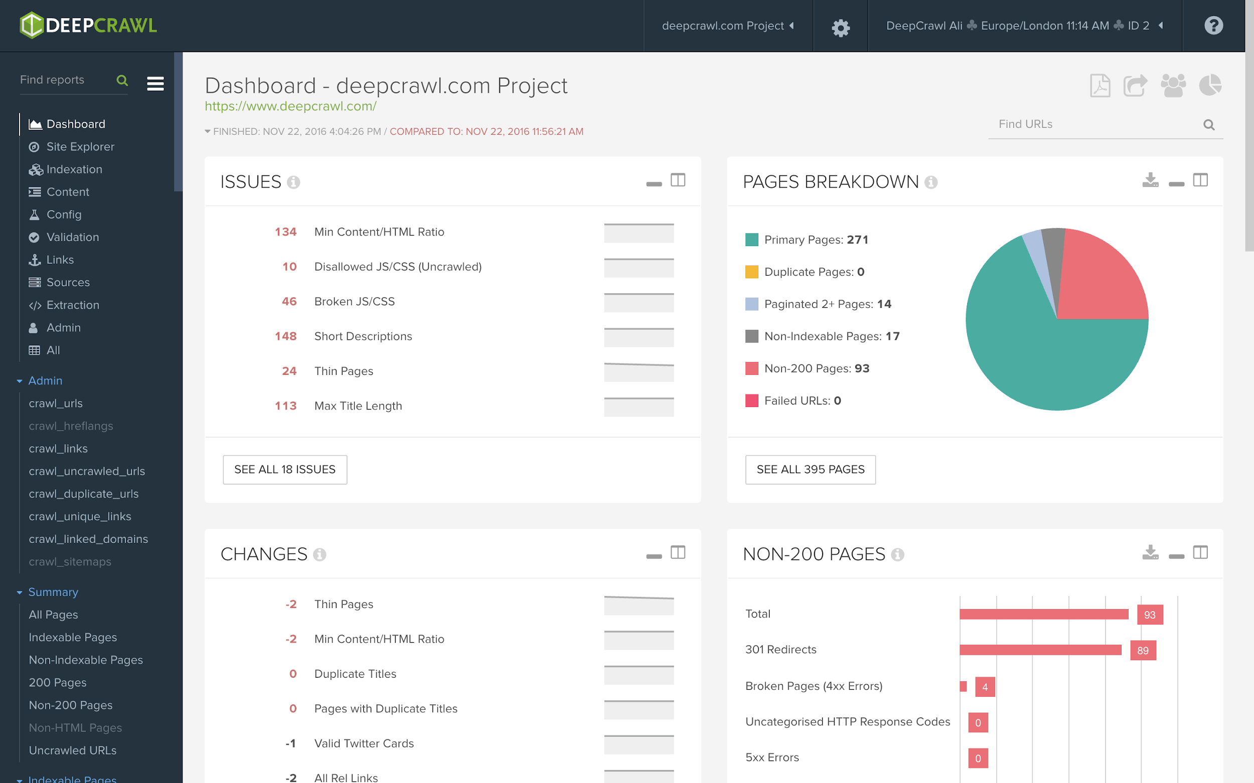  Issues, Pages breakdown, changes, non-200 pages. 