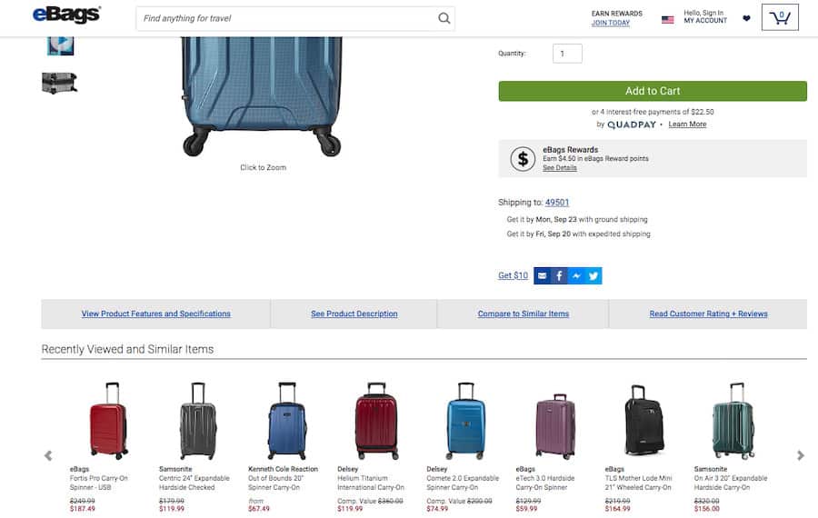 ecommerce-upselling-10 eBags screenshot of product detail. The top section is the product detail for a hardside suitcase. Below the product detail sections is a section titled Recently Viewed and Similar Items which contains 8 products each displaying a photograph of the item, the name and the price and the ability to scroll left or right.