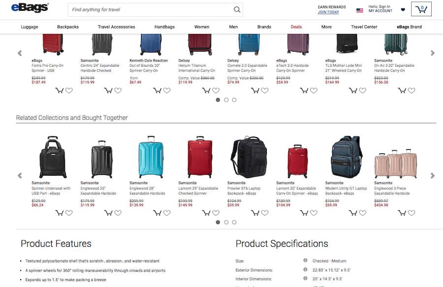 eBags screenshot. Two horizontal rows of products with 8 products per row and the ability to scroll right or left.  Each product displays a photograph of the item, the name and the price. 