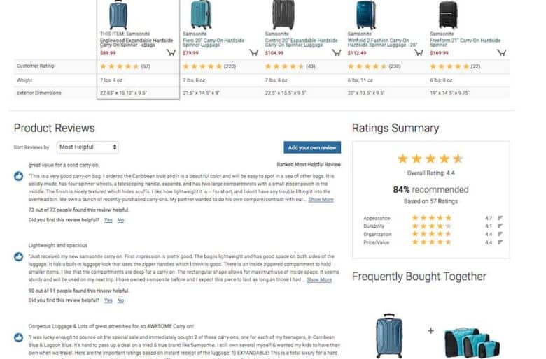 eBags screenshot. At the top is a horizontal row of five hardside suitcases, each with a price, customer rating, weight and exterior dimensions. The first product is highlighted. Below on the left is a section titled Product reviews. Below on the right is a section titled Ratings summary. Below, is a section titled Frequently Bought together followed by the currently selected product and an additional item.