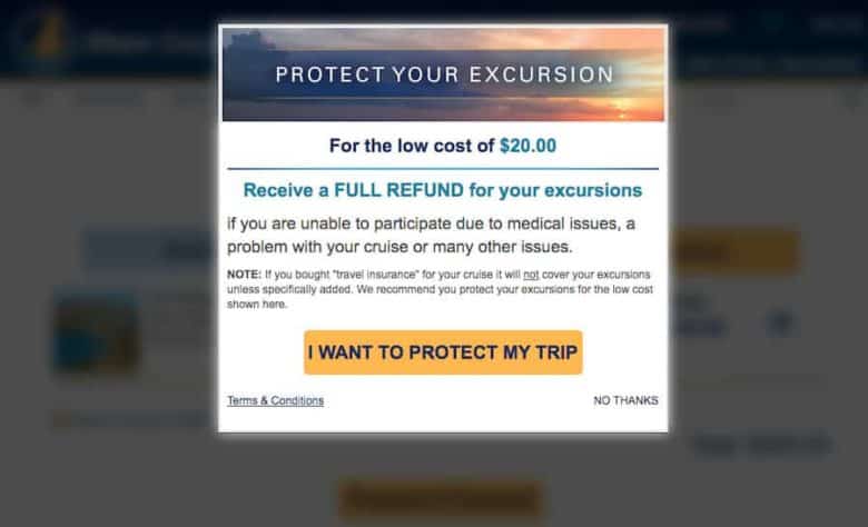 A screenshot of a cart page. A modal states: Protect your Excursion for the low cost of $20.00. Below, text describes the details. At the bottom of the modal is a button labeled I want to protect my trip.