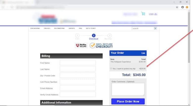 A screenshot of a checkout page. On the left is the billing information. On the right is a section labeled Your Order. Beneath is the product and total. Below the product is an option button titled Yes, I want to protect my trip + $20.00.