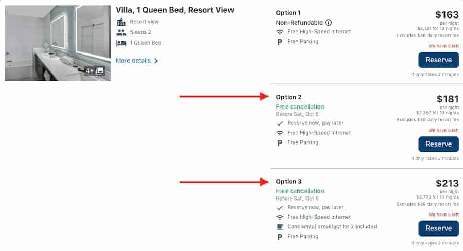 Travelocity screenshot for Villa, 1 Queen Bed, resort view with three options. Option 1: non-refundable, 3. Option 2: Free cancellation, Reserve now, pay later, 1. Option 3: Free cancellation, reserve now, pay later, continental breakfast for 2 included, 3. 