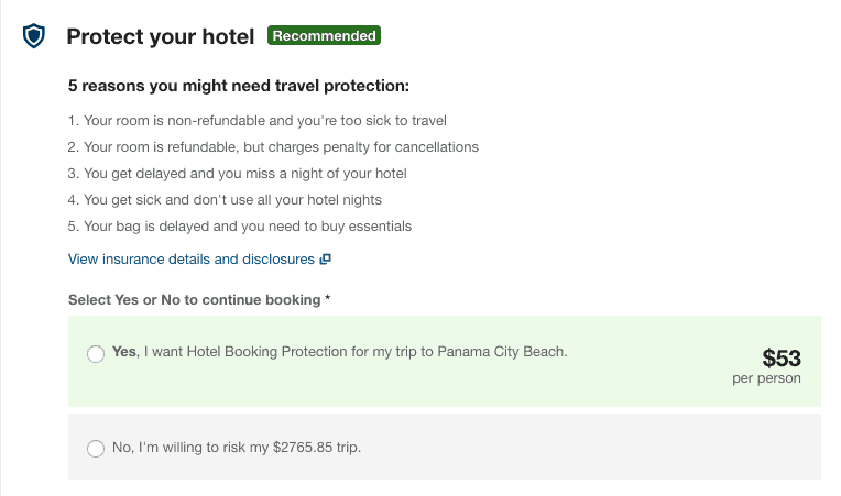 ecommerce-upselling-5 Travelocity Protect your hotel screenshot. Top text states: Protect your hotel. Recommended. Below, text states: "5 reasons you might need travel protection" followed by 5 reasons. Below, text states: Select yes or no to continue booking followed by two option buttons: Yes, I want Hotel Booking Protection for my trip to Panama City Beach. No, I'm willing to risk my 65.85 trip.