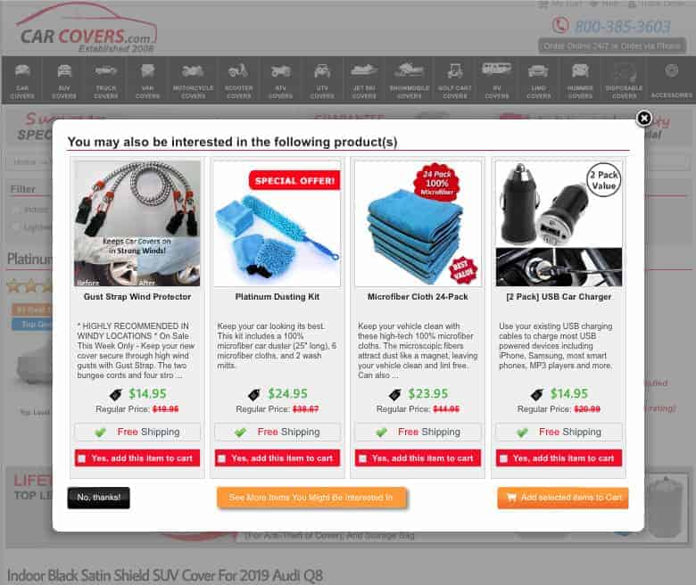 ecommerce-upselling-7 Carcovers.com modal screenshot. Four products in a horizontal row, each with a photograph, name, description, price and a button labeled "Yes, add this item to cart."