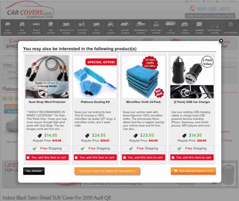 Carcovers.com modal screenshot. Four products in a horizontal row, each with a photograph, name, description, price and a button labeled "Yes, add this item to cart."