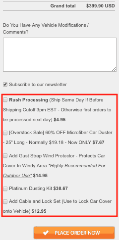 ecommerce-upselling-8 Carcovers.com checkout screenshot. At the top is the grand total followed by a comments section. Beneath the comments section are five checkboxes: Rush processing followed by four different product options. At the bottom is a button labeled Place order now.