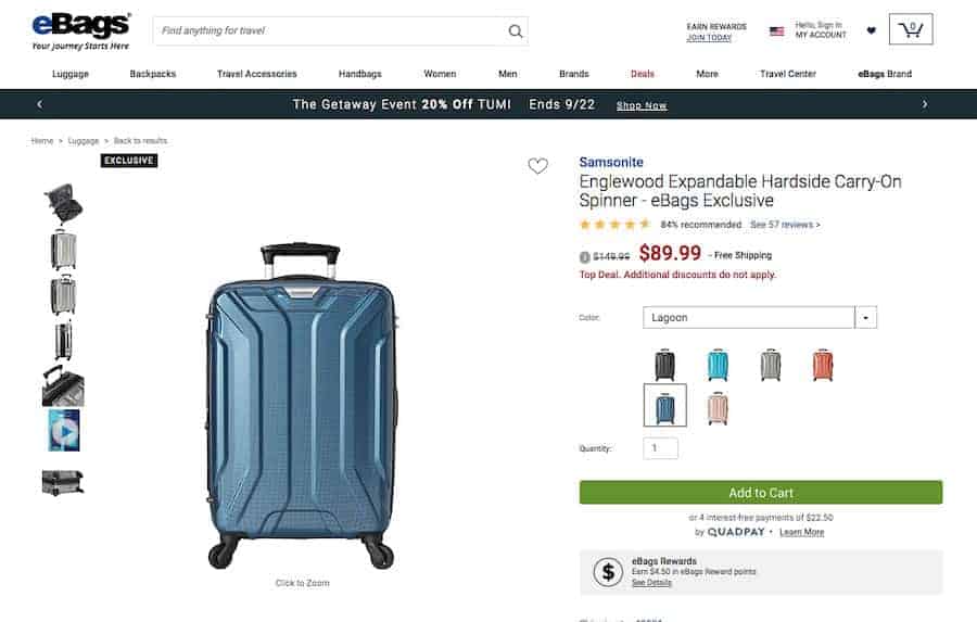 ecommerce-upselling-9 eBags screenshot of the product detail of a hardside suitcase. On the left are a vertical column of images of the product. On the right is the price, optional colors and an "Add to cart" button.