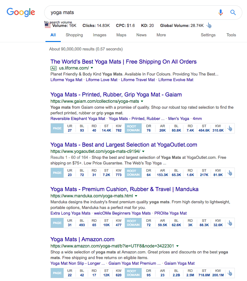 Google search result for yoga mats. Top 4 search results are displayed. Each search result is followed by a table with 11 metrics. The U R, B L and D R are given for each search result as follows. Search result 1 (gaiam.com): Page: U R: 27, B L: 93, Root Domain: D R: 76. Search result 2 (yogaoutlet.com): Page: U R: 23 B L, 72, Root Domain: D R: 64. Search result 3 (manduka.com): Page: U R: 31, B L: 493, Root Domain: D R: 72. Search Result 4 (amazon.com): Page: U R: 22, B L: 42, Root Domain: D R: 95. 