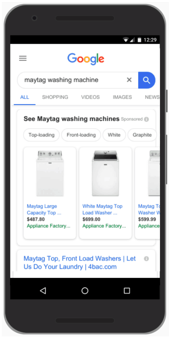 A photograph of a mobile phone displaying a Google search for Maytag washing machine. The Google shopping ads display in a horizontal row across the top with a photograph of the product, the name, price, and store. 