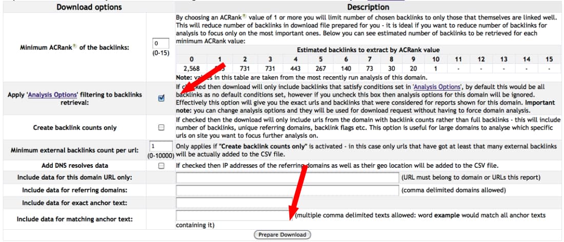 Majestic S E O screenshot with 9 download options and their descriptions. An arrow points to the second option "Apply 'Analysis options' filtering to backlinks retrieval. The box next to it is checked. A second arrow points to the prepare download button at the bottom of the screen. 