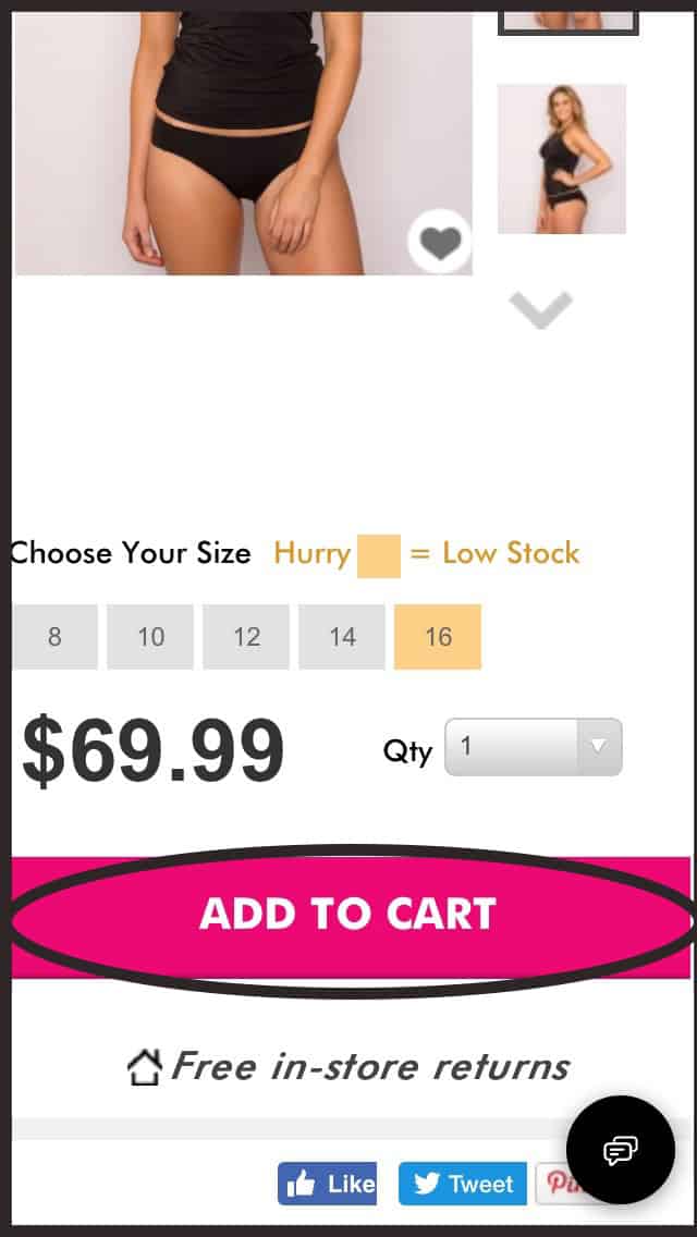 A mobile screenshot for a product detail. At the top are photographs of  the product, followed by size, then price. At the bottom is a large, brightly colored button labeled Add to Cart. 