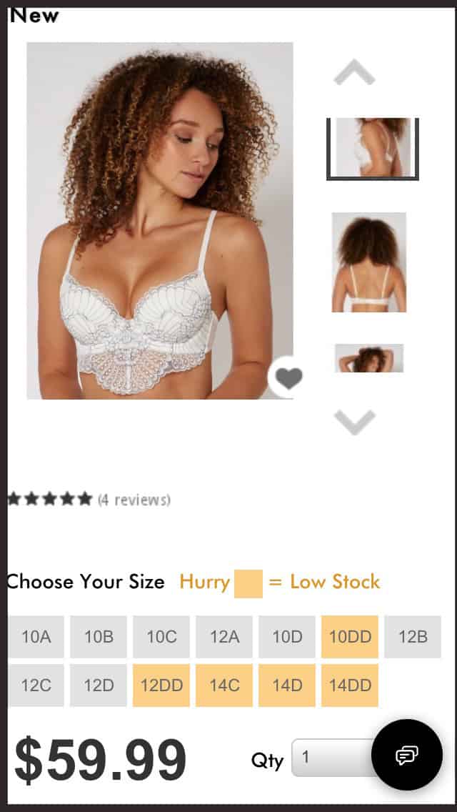 A mobile screenshot for a bra product detail. Text at the top states: New. Below, a photograph of the product. To the right is a vertical column with more photographs. Below, are stars and number of reviews. Below, is a section titled choose your size with some sizes labeled Hurry equals Low stock. Below, is the price and quantity. 