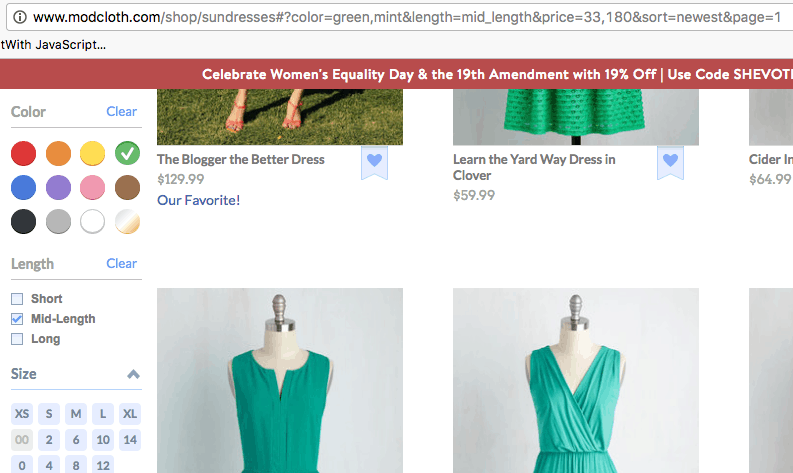 Modcloth screenshot displaying a selection for green, mid-length sundresses. The U R L is www.modcloth.com/shop/sundresses#?color=green,mint&length=mid_length&price =33,180&sort=newest&page=1. 