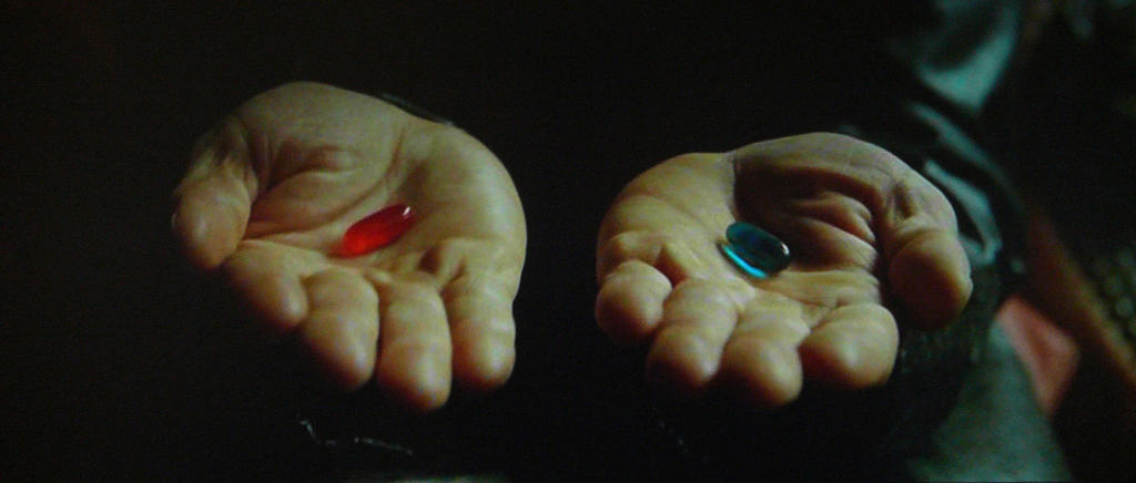 A photograph of a person holding a red pill in one hand and a blue pill in the other hand. 