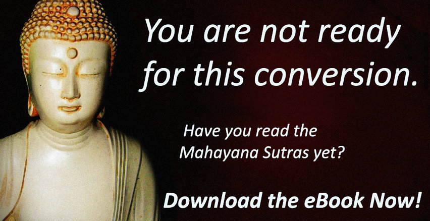 right-time A photograph of a Buddha statue with the text: You are not ready for this conversation. Have you read the Mahayana Sutras yet? Download the eBook Now!