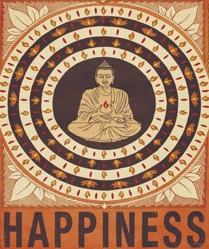 right-value An illustration of Buddha with the text: Happiness.
