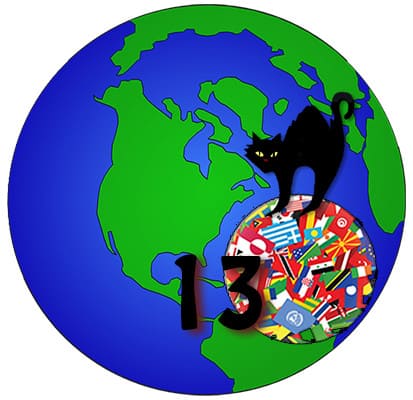 An illustration of the globe with a black cat standing on top of a circle of clustered country flags. Text states: 13. 