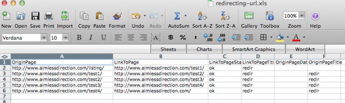 A screenshot of an X L S file with 6 columns: Origin Page, Link to Page, Link to Page Sta, Link to Page title, Origin Page Dat, Origin Page Title. Five rows of data as follows: Origin Page: http://www.aimlessdirection.com/listing/, Link to Page: http://aimlessdirection.com/test1/, Link to Page sta: ok, Link to Page title: redir. Origin Page: http://www.aimlessdirection.com/test1/, Link to Page: http://aimlessdirection.com/test2/, Link to Page sta: ok, Link to Page title: redir, origin Page title: redir. Origin Page: http://www.aimlessdirection.com/test2/, Link to Page: http://aimlessdirection.com/test3/, Link to Page sta: ok, Link to Page title: redir, origin Page title: redir. Origin Page: http://www.aimlessdirection.com/test3/, Link to Page: http://aimlessdirection.com/test4/, Link to Page sta: ok, Link to Page title: redir, origin Page title: redir. Origin Page: http://www.aimlessdirection.com/test4/, Link to Page: http://aimlessdirection.com, Link to Page sta: ok, Link to Page title: redir, origin Page title: redir.