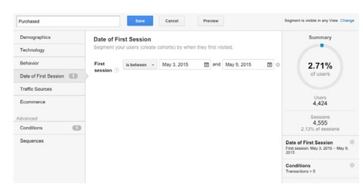 Google Analytics screenshot. Date of First Session is selected on the left panel menu. In the center screen, Text states: First session. In between is selected from a dropdown box and two dates are selected in the date text boxes. On the right side panel under Conditions, transactions is set to greater-than 0. 