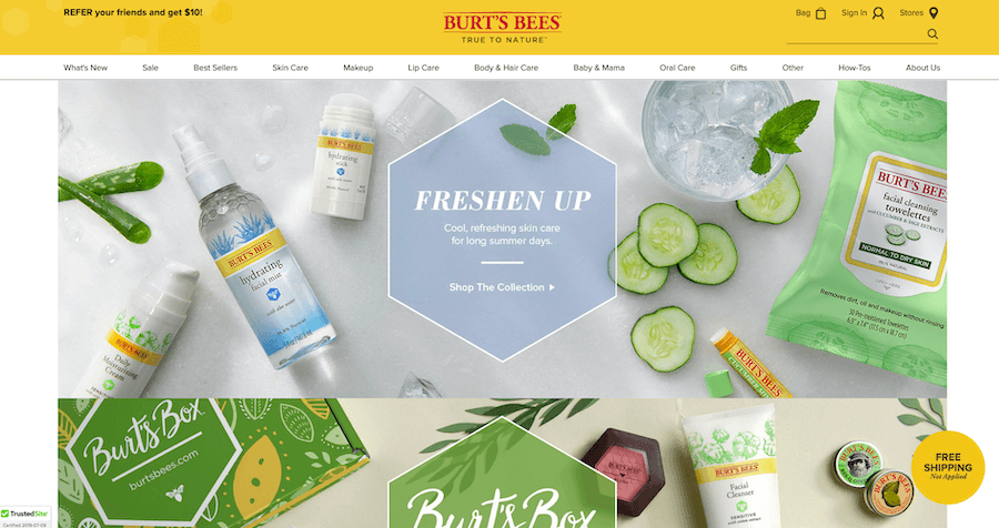 best-trust-badge-ecommerce-2 Burt's Bees homepage screenshot with a TrustedSite security badge in the bottom left corner.