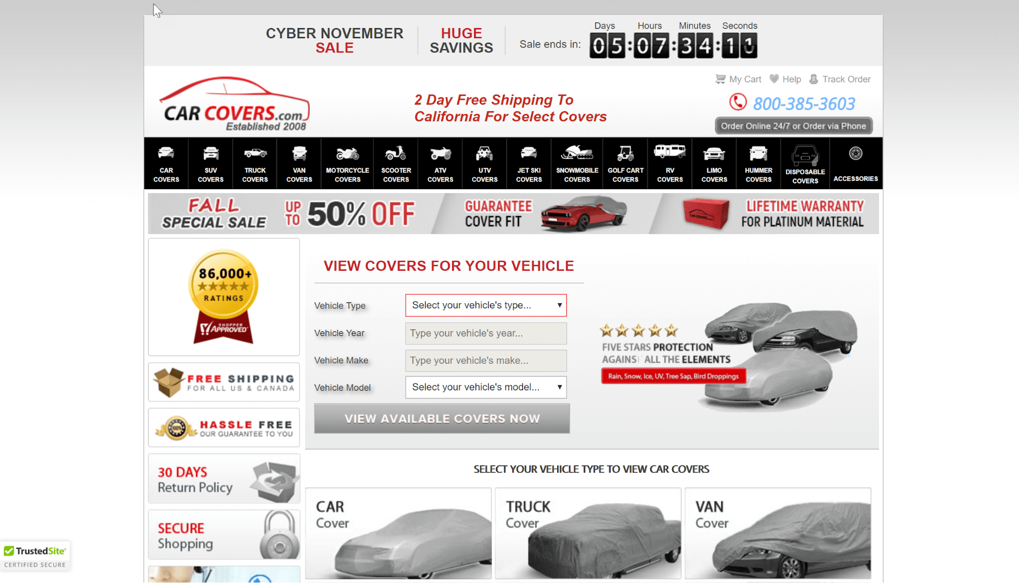 best-trust-badge-ecommerce-3 Carcovers.com homepage screenshot with a TrustedSite security badge in the bottom left corner.